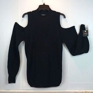 Takara black sexy cold shoulder long-sleeve open back mock neck sweater